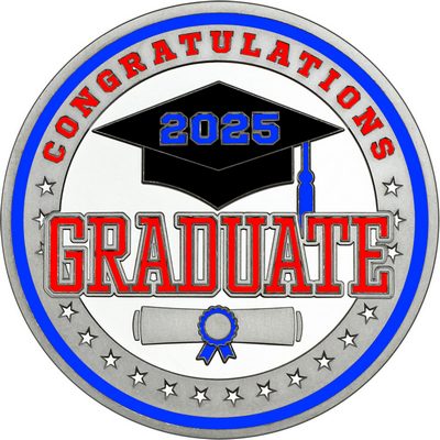 Red "Congratulations Graduate" with Royal Blue 2025, Rim, Tassel & Ribbon